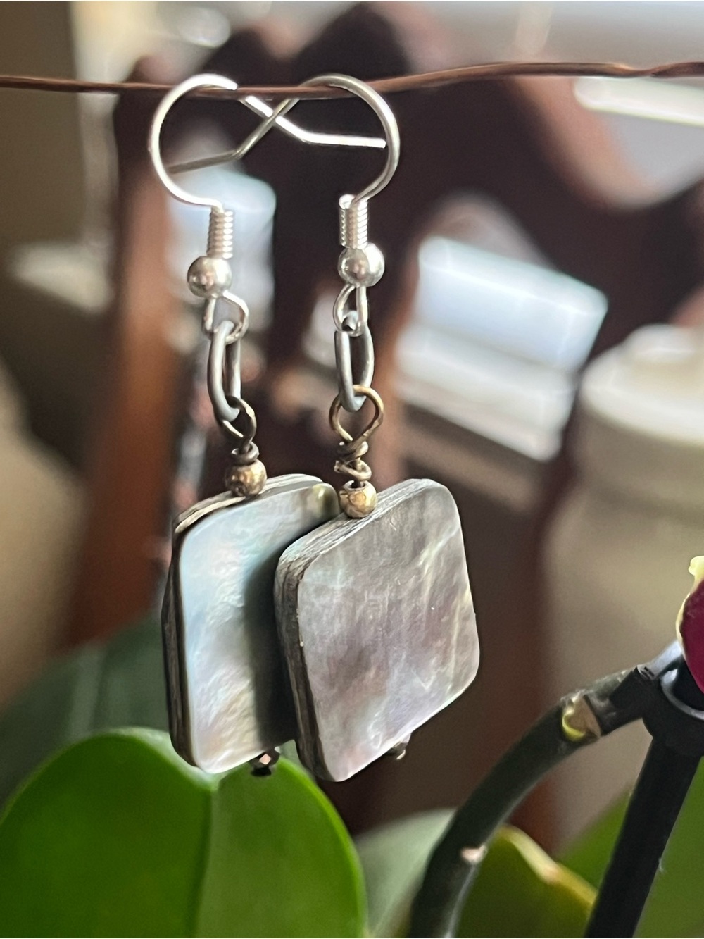 Iridescent Mother-of-Pearl Square Drop Earrings - Silver Tone